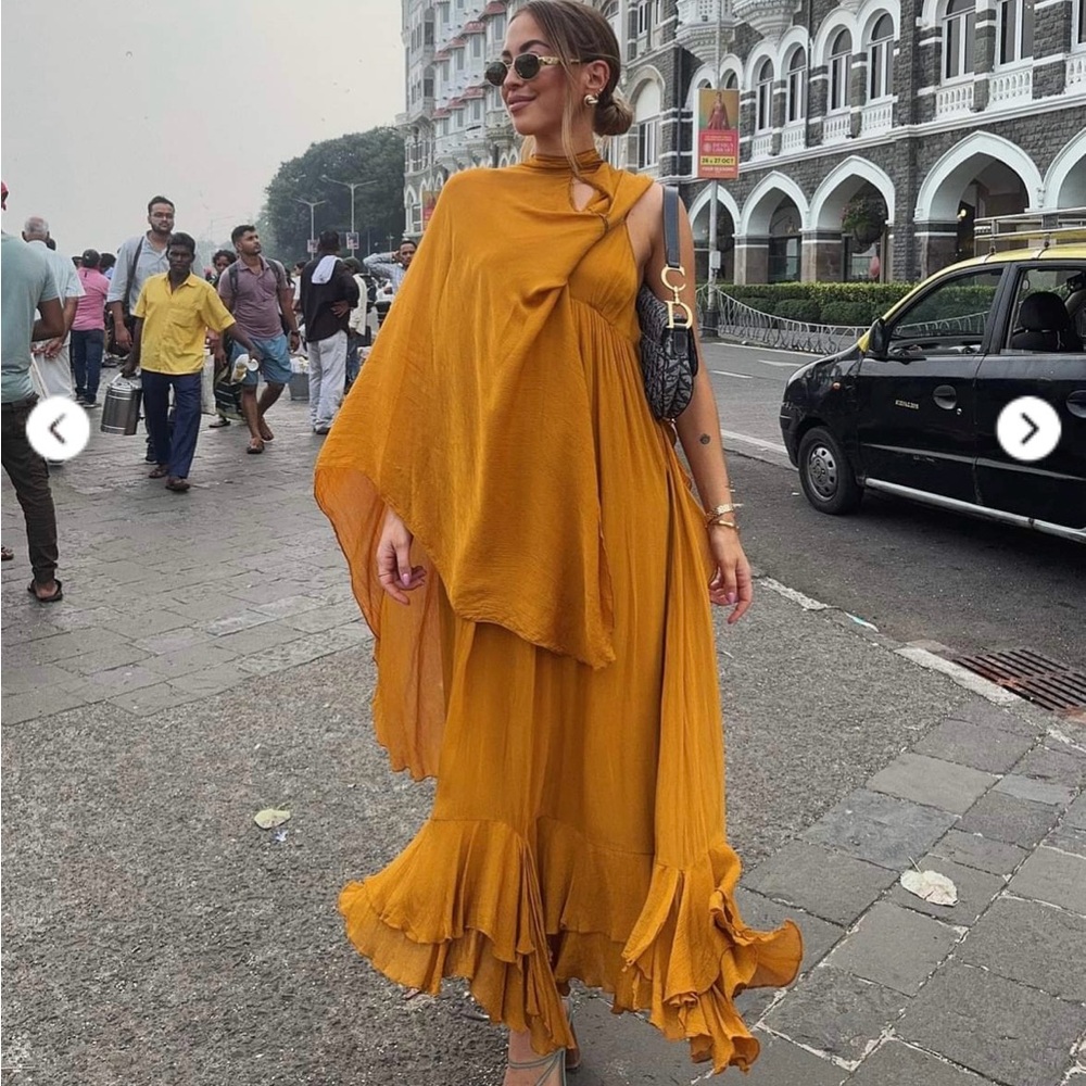 Zara dress maxi cape mustard yellow flowy kimono kaftan boho summer